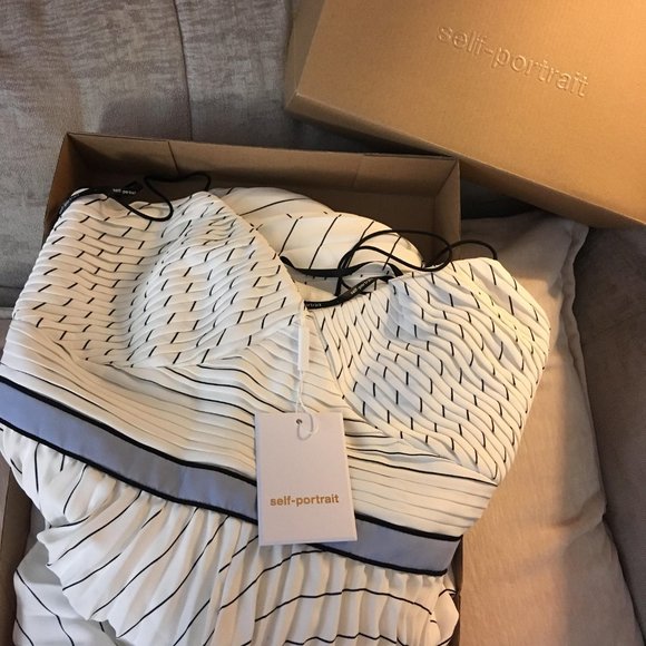 NWT In Box Self Portrait Pleated Stripe Flounce Maxi Strap Dress Blue Midband - Picture 2 of 11